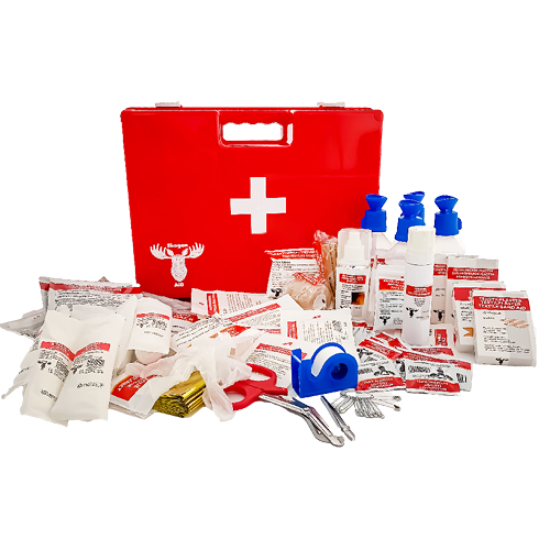 Blostrupmoen førstehjelpsskrin med alt innholdet utstilt på utsiden av kofferten. Følger kravet fra Arbeidstilsynet.