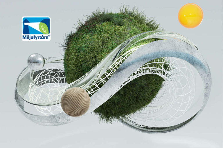 En illustrasjon av jorden med planeter svevende rundt, jorden en ball med grønt gress og planetene er runde. Miljøfyrtårn-logo i hjørnet.